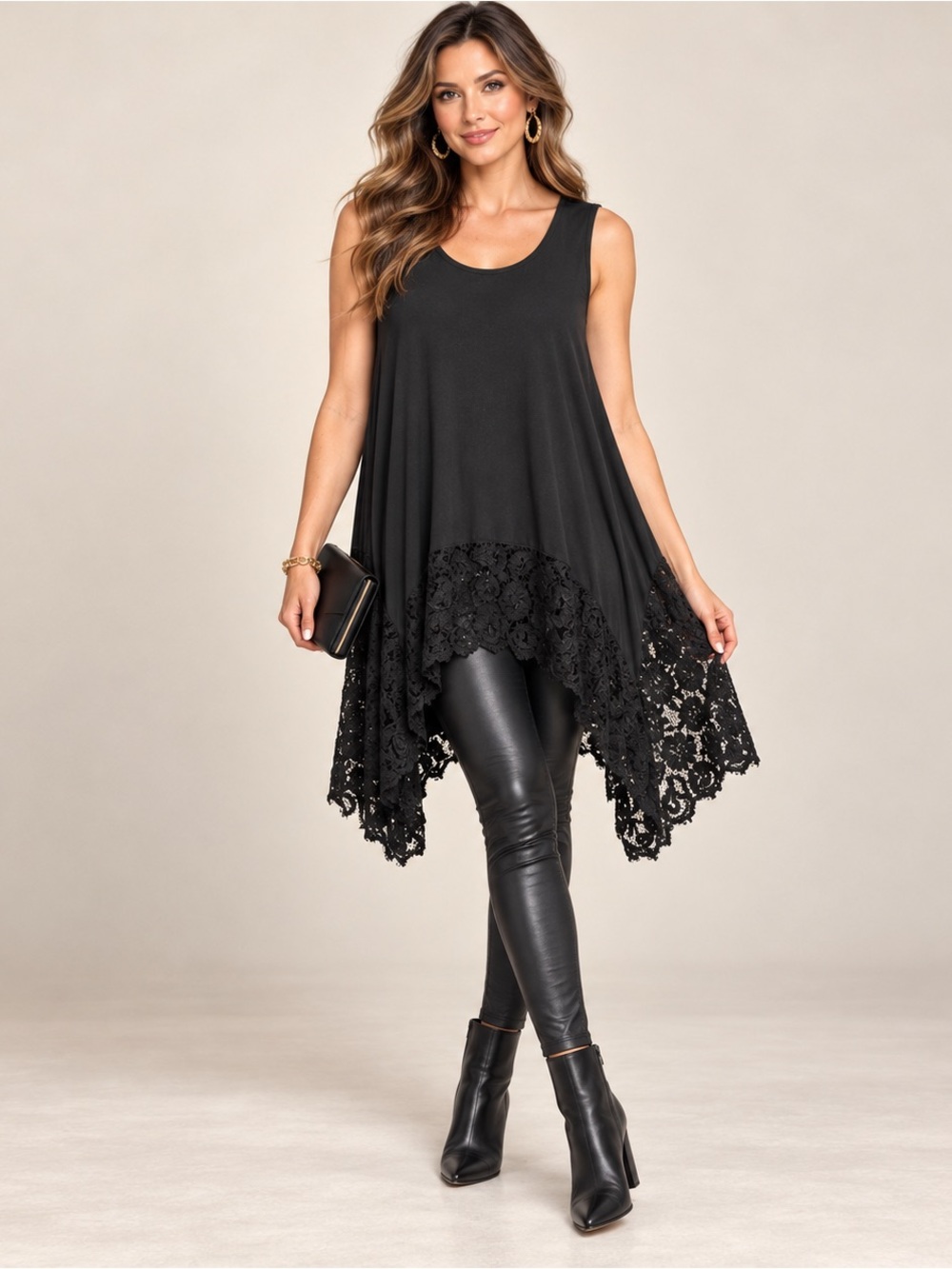 Umgee Black Lace Hem High Low Tunic Tank Top Medium